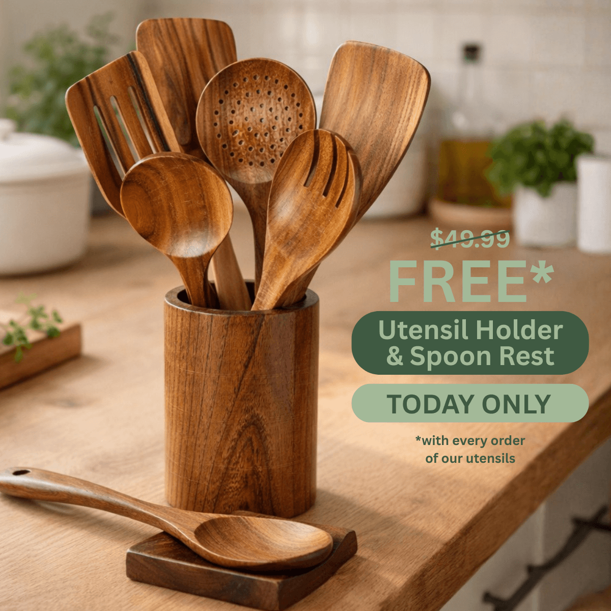 PuraNest™ Toxin-Free Teak Wood Utensil Set | 7-Piece