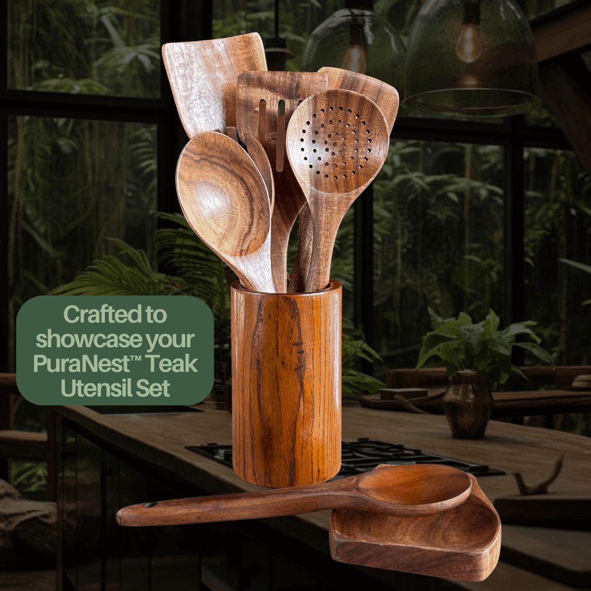 PuraNest™ Teak Wood Utensil Holder & Spoon Rest