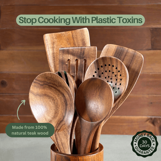 PuraNest™ Toxin-Free Teak Wood Utensil Set | 7-Piece