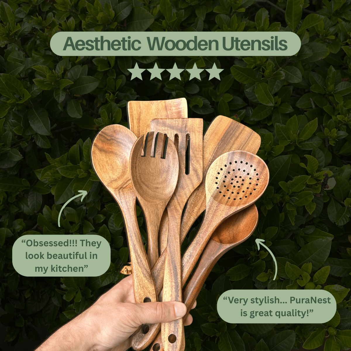 PuraNest™ Toxin-Free Teak Wood Utensil Set | 7-Piece